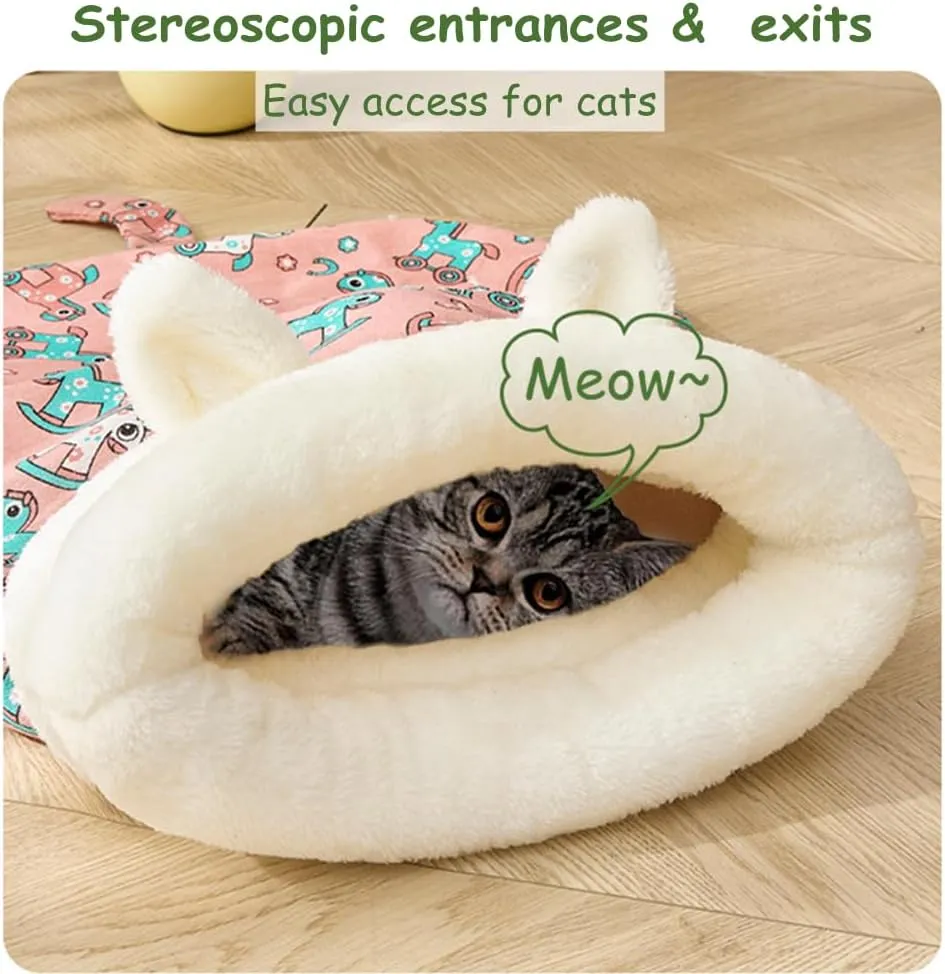 Cat Sleeping Bag for Indoor Cats, Cozy Cat Winter Sleeping Bag, Soft Plush Cats Sack Self Warming Kitten Bed Cave, Covered Warm Bed for Kittens (Green, 21.65x17.7in)