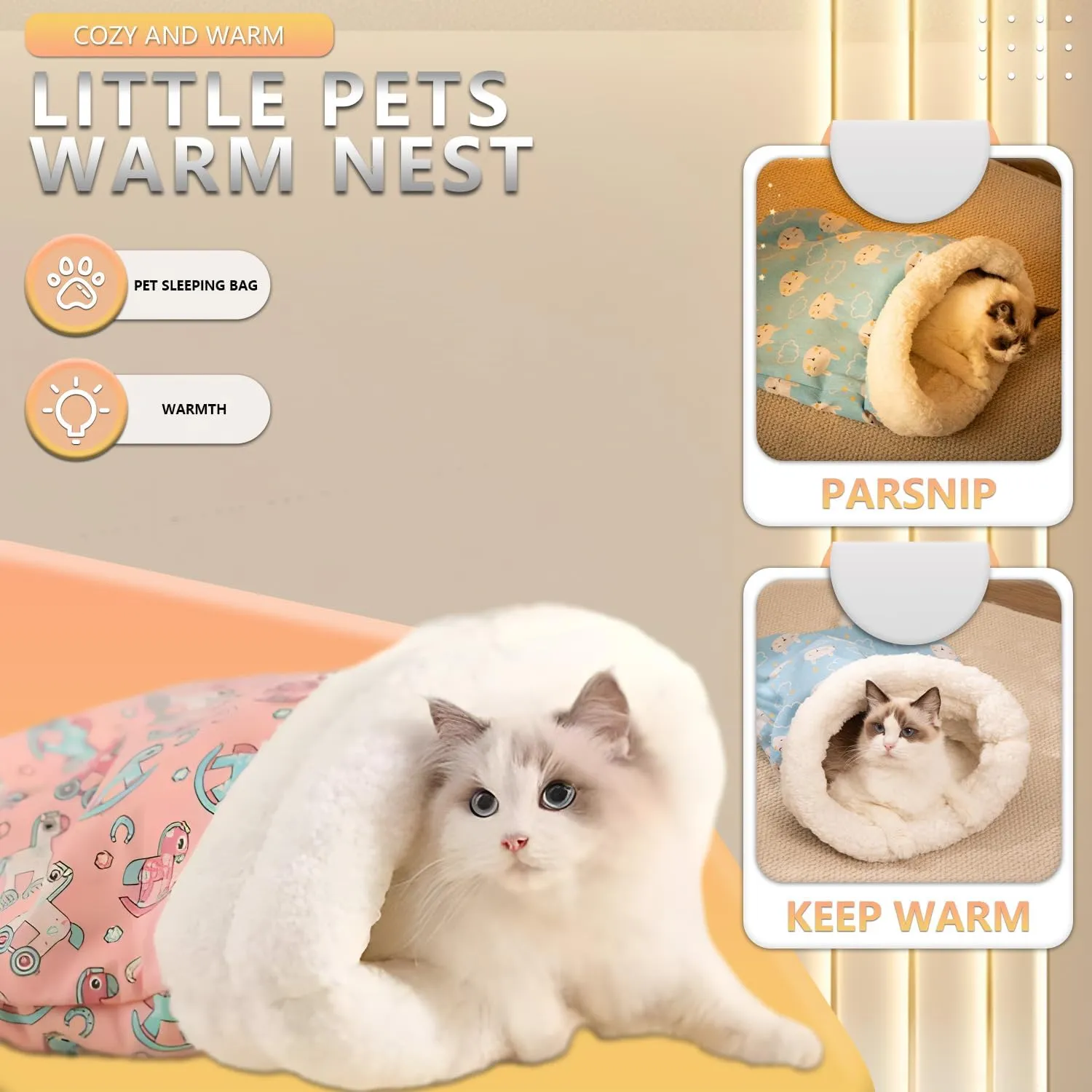 Cat Sleeping Bag, Soft Plush Winter Cat Cave Bed Self-Warming Sack for Indoor Cats Small Dogs (Yellow)