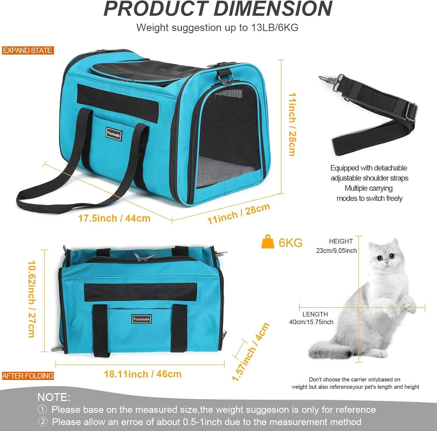 Cat Travel Carrier - Foldable Dog Carrier Bag, Soft-Sided Pet Bag up to 20 Lbs,Pet Carrier Soft-Sided Escape Proof with 4 Ventilated Windows, Airline Approved Travel Puppy Carrier (Blue)