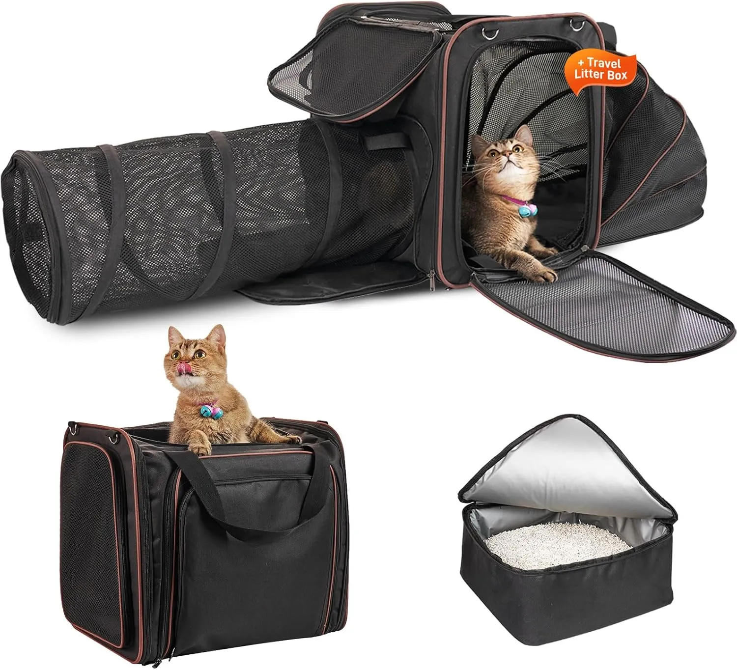 Cat Travel Carrier with Litter Box, Expandable Pet Carrier with Collapsible Tunnel, Portable Cat Carrier for Car Travel, Pet Transport Crate for Cats up to 20 lbs, Black