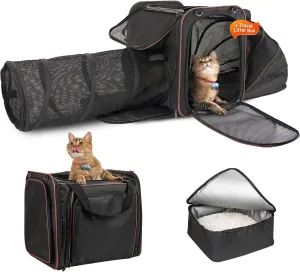 Cat Travel Carrier with Litter Box, Expandable Pet Carrier with Collapsible Tunnel, Portable Cat Carrier for Car Travel, Pet Transport Crate for Cats up to 20 lbs, Black