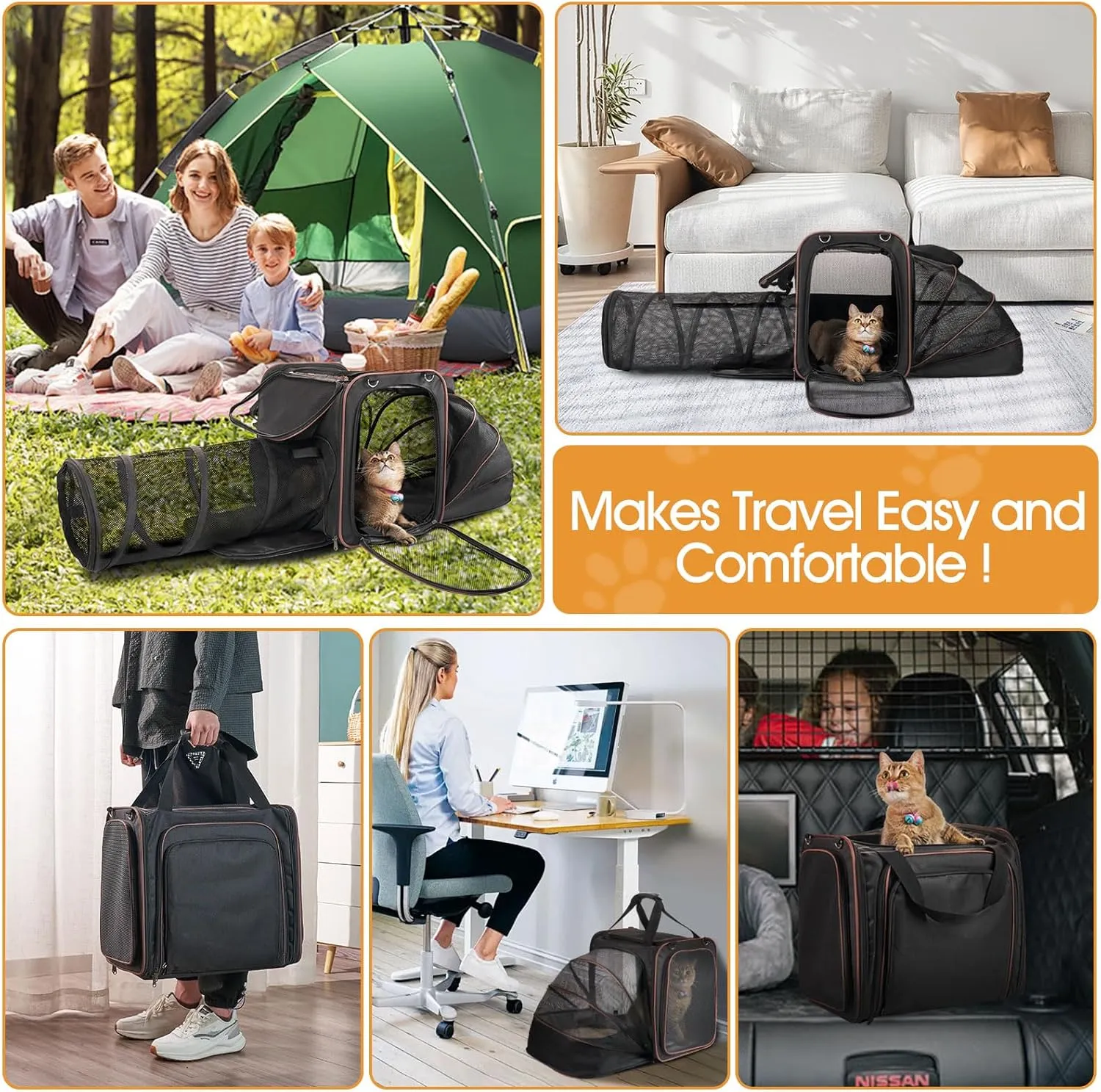 Cat Travel Carrier with Litter Box, Expandable Pet Carrier with Collapsible Tunnel, Portable Cat Carrier for Car Travel, Pet Transport Crate for Cats up to 20 lbs, Black
