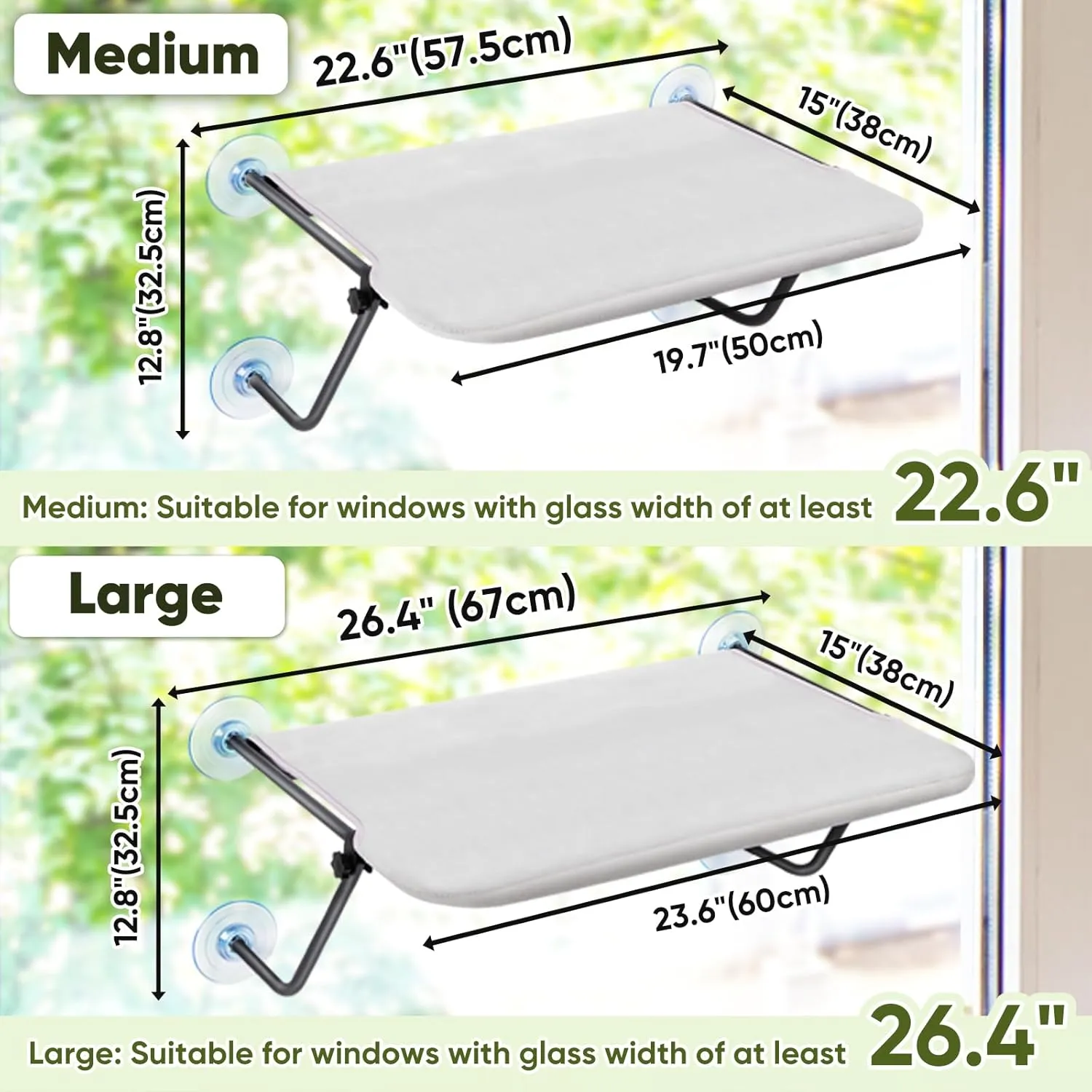 Cat Window Perch, cat Window Bed Hammock, Cat Hammock for Window, with 4 Strong Suction Cups, Metal Frame,Washable Shelf Cover, Fits 27" W X 13" H Glass Spaces (Large)