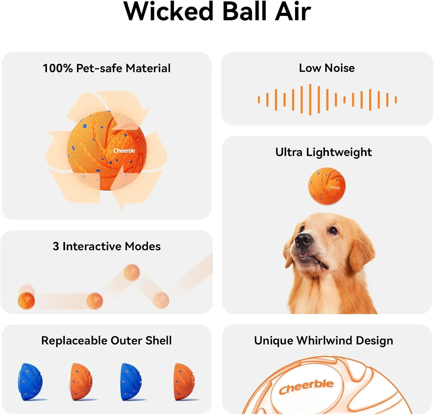 Cheerble Smart Interactive Dog Toy, Wicked Ball AIR, Automatic Moving, Bouncing, Rotating, IPX7 Waterproof Rating, Active Rolling Ball for Medium and Large Dogs