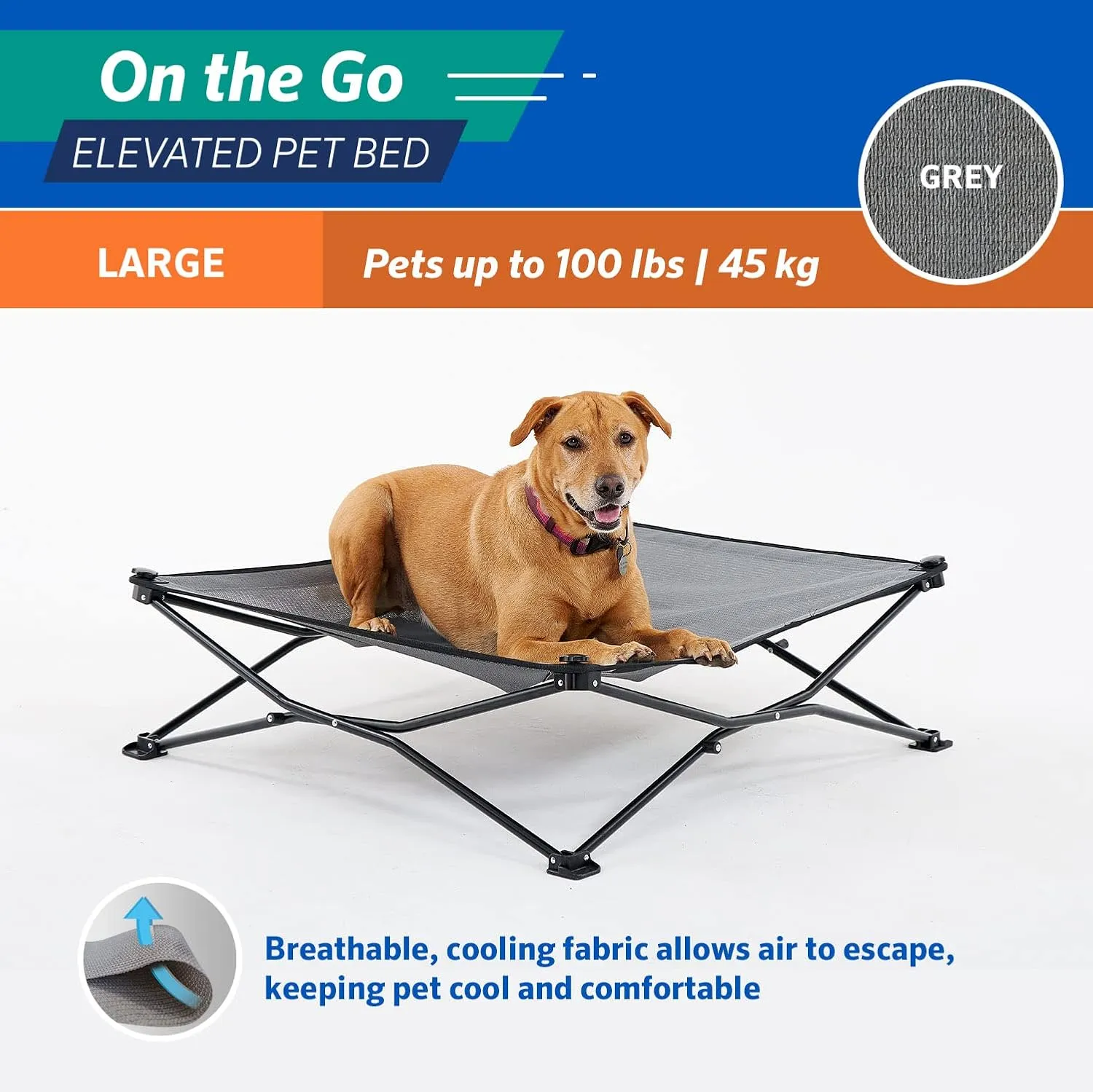Coolaroo On-The-Go Elevated Dog Bed - Foldable Pop-Up Travel Dog Bed with Breathable, Moisture-Resistant Fabric, Carry Bag Included, Lightweight & Portable, Steel Grey, Large