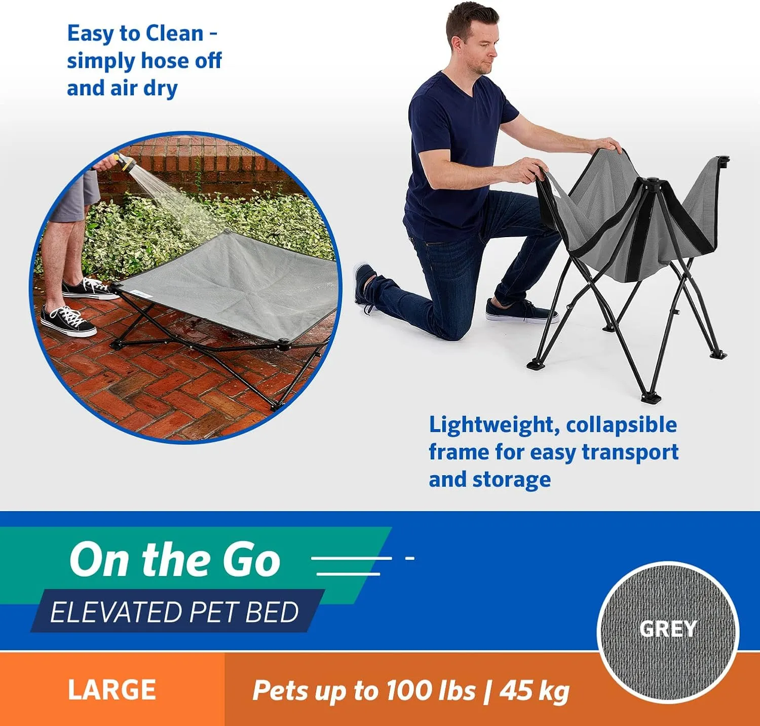 Coolaroo On-The-Go Elevated Dog Bed - Foldable Pop-Up Travel Dog Bed with Breathable, Moisture-Resistant Fabric, Carry Bag Included, Lightweight & Portable, Steel Grey, Large