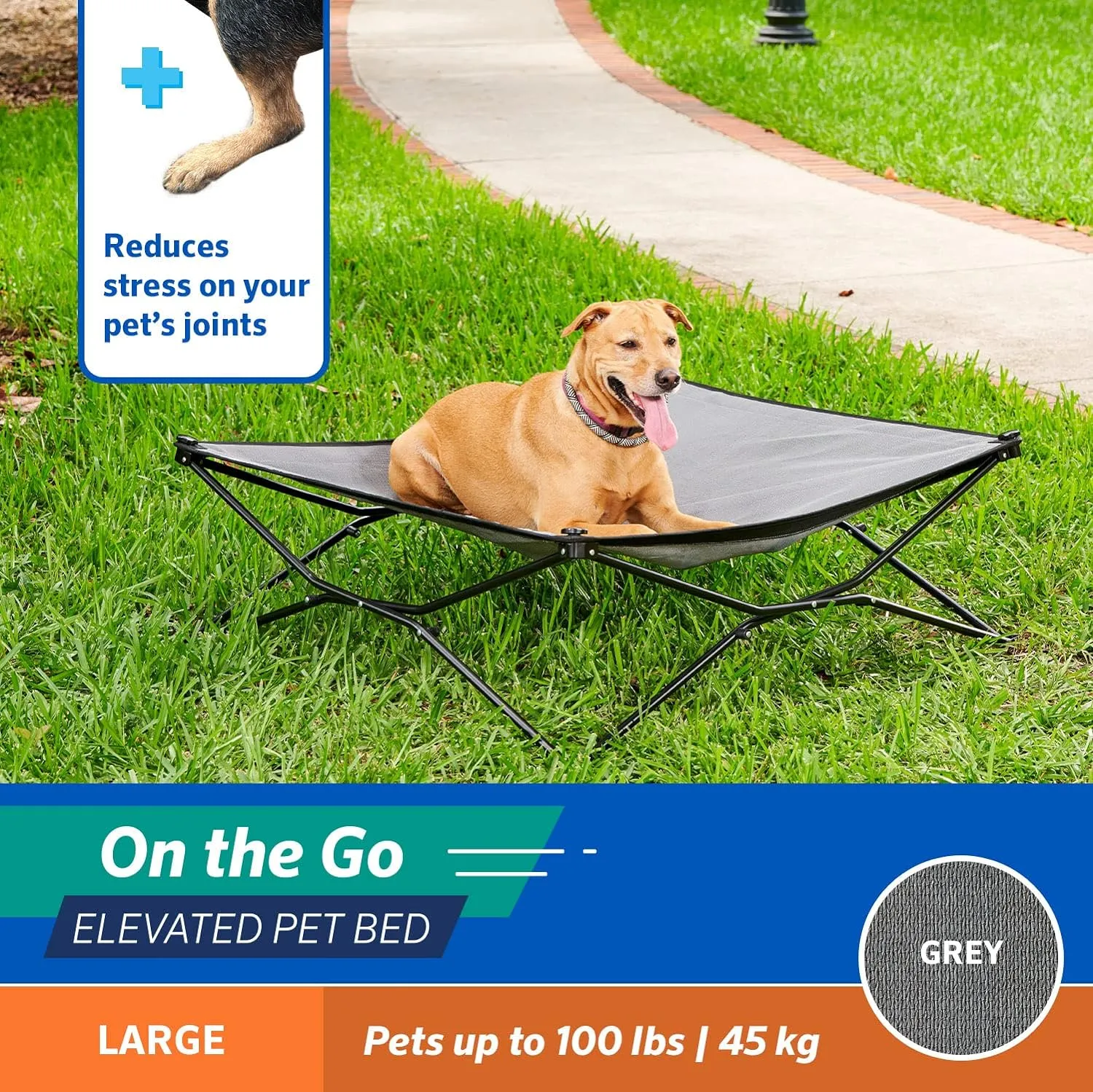 Coolaroo On-The-Go Elevated Dog Bed - Foldable Pop-Up Travel Dog Bed with Breathable, Moisture-Resistant Fabric, Carry Bag Included, Lightweight & Portable, Steel Grey, Large
