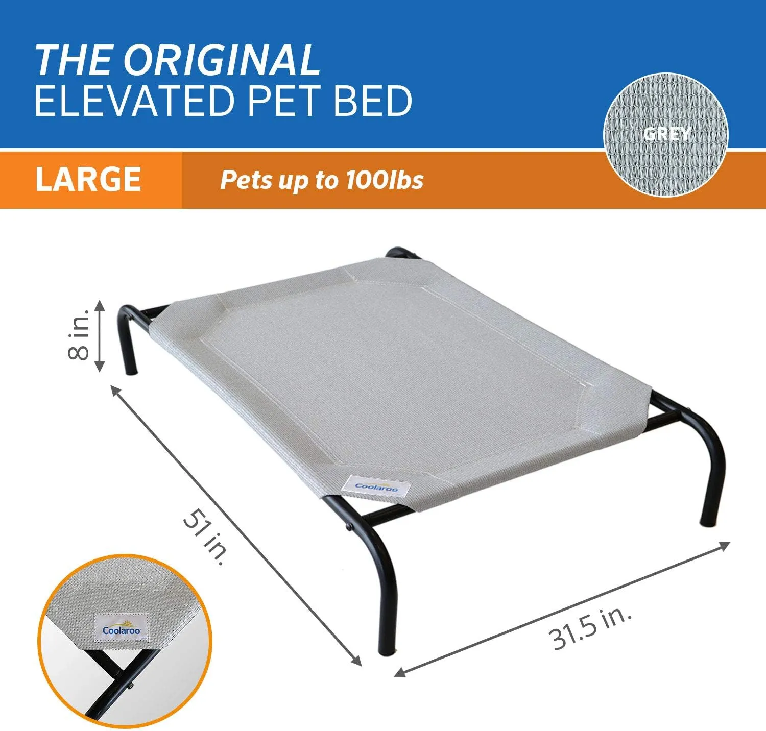 COOLAROO The Original Cooling Elevated Dog Bed, Indoor and Outdoor, Large, Grey