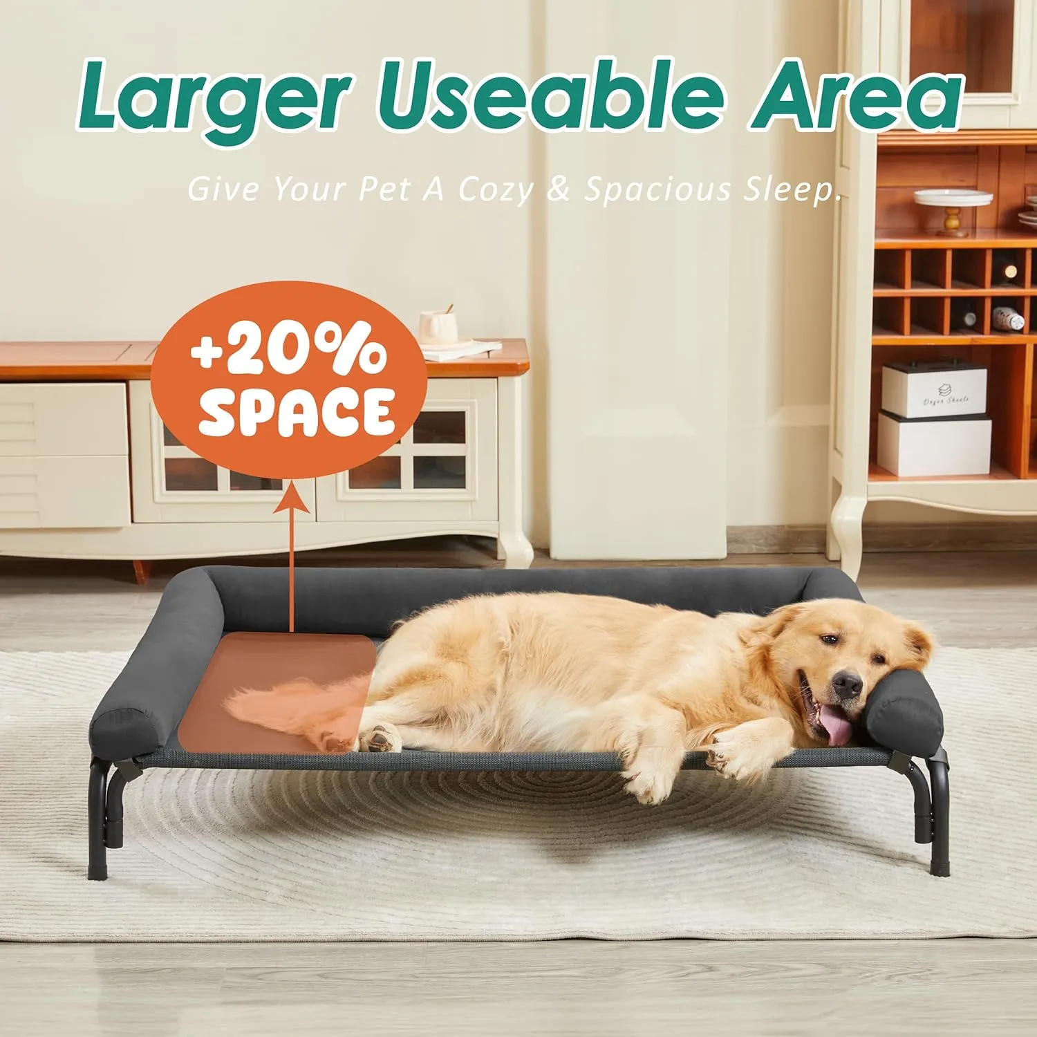 Cooling Elevated Bed for XLarge Dogs - Quick Install, Raised Dog Cot with Bolster, Durable Breathable Teslin Mesh, Washable Dog Sofa Bed Suitable for Indoors and Outdoors - Deep Gray