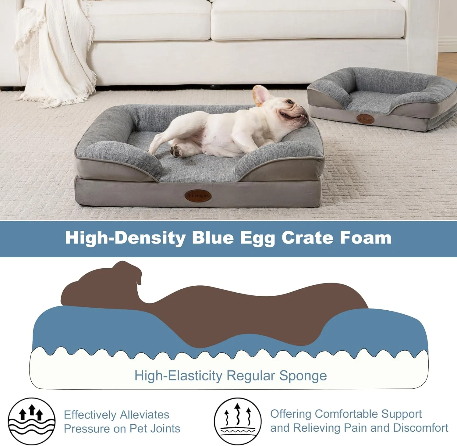 Cooling Pet Bed for Small Dogs and Cats, Waterproof Orthopedic Dog Sofa Bed, Supportive Foam Pet Couch Bed with Washable Removable Cover, Waterproof Lining and Nonskid Bottom(Small, Grey)