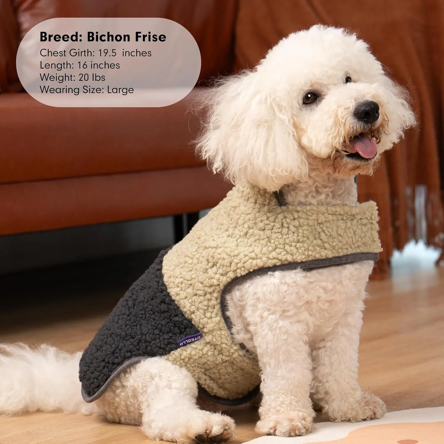 cyeollo Warm Dog Coat Sherpa Dog Winter Coat, Reversible Fleece Dog Jackets Sweater Vest for Small Dogs Male with Leash Hole, Soft Cold Weather Dog Clothes, Khaki L
