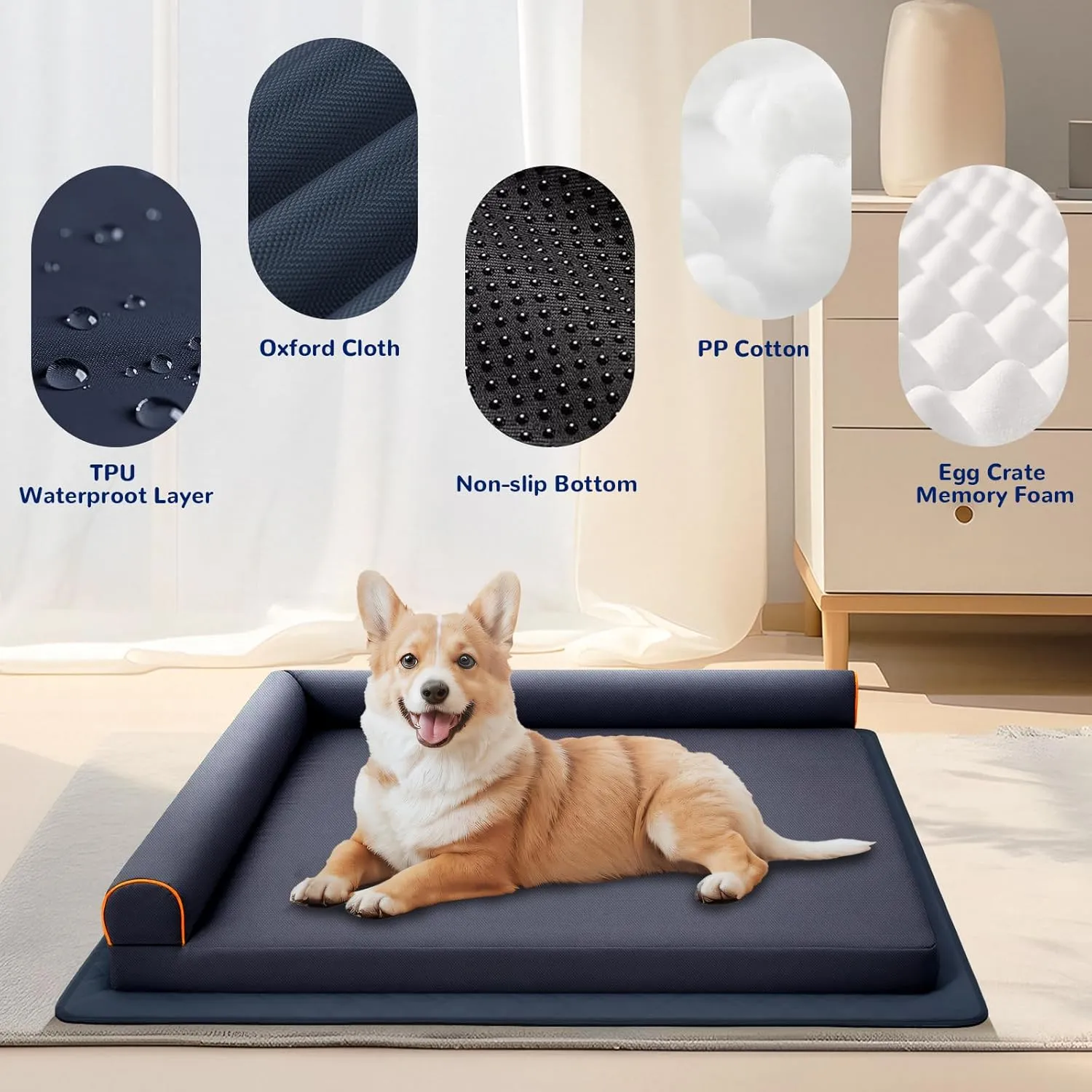 Dog Beds for Small with Memory Foam,Orthopedic for Puppy Bed,Waterproof Dog Couch Pet Bed with Removable Washable Cover Dust-Proof and Anti-Slip Pad,Blue