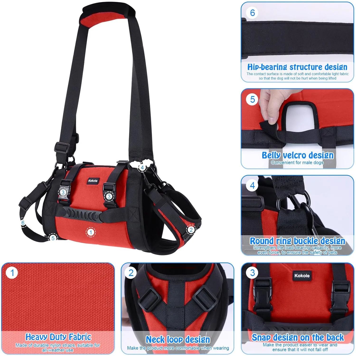 Dog Carry Sling, Emergency Backpack Pet Legs Support & Rehabilitation Dog Lift Harness for Large Dogs, Dog Carrier for Senior Dogs Joint Injuries, Arthritis, Up and Down Stairs (Red, XXL)