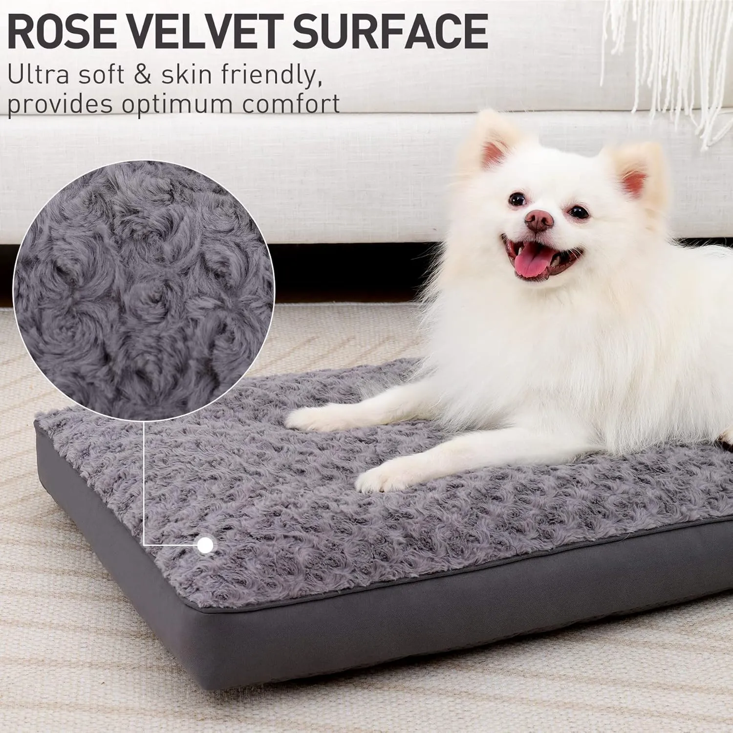 Dog Crate Waterproof Bed for Medium Dogs - Rose Velvet Soft Fluffy Washable With Removable Cover & Anti-Slip Bottom, 29 x 18 Inch, Gray