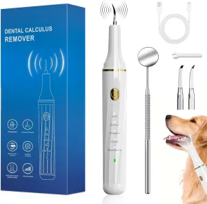 Dog Plaque and Tartar Remover, Plaque Remover for Teeth with LED Light, 5 Modes Dog Tartar Remover for Teeth 4 Set, Low Noise Ultrasonic Tooth Cleaning Kit Tool for Dogs and Cats White