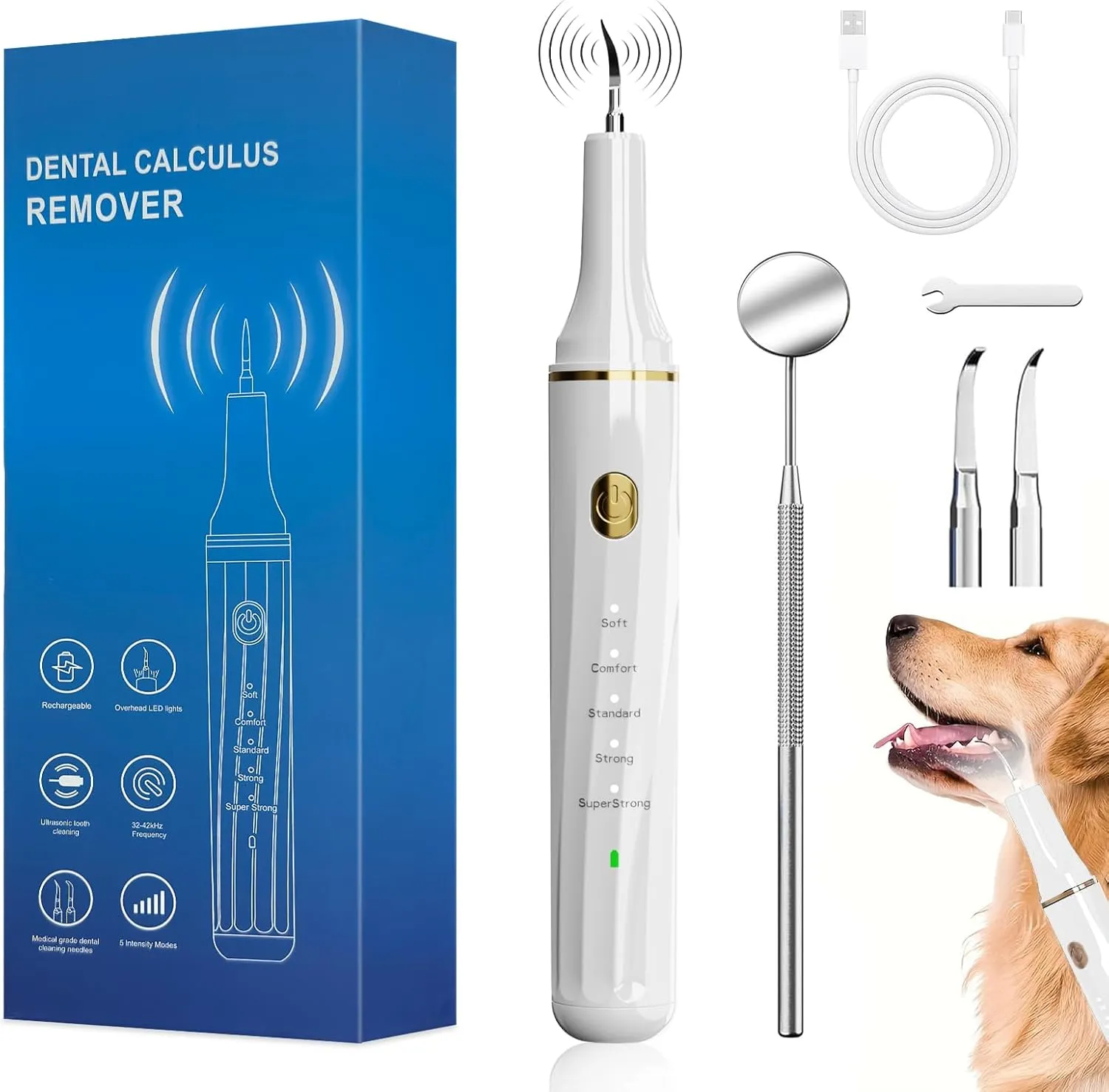 Dog Plaque and Tartar Remover, Plaque Remover for Teeth with LED Light, 5 Modes Dog Tartar Remover for Teeth 4 Set, Low Noise Ultrasonic Tooth Cleaning Kit Tool for Dogs and Cats White