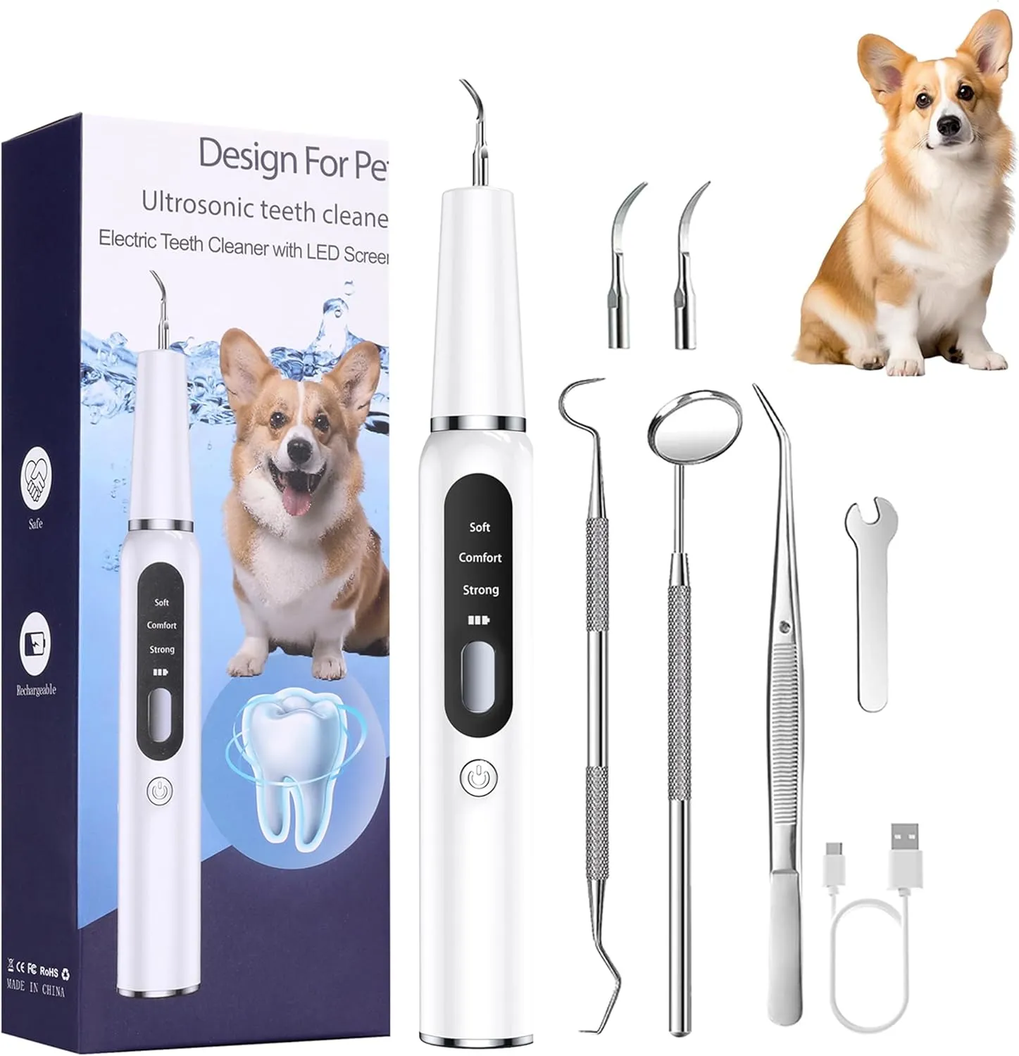 Dog Plaque Tartar Remover for Teeth - Electric Pet Toothbrush with 2 Replacement Cleaning Heads, Adjustable 3 Modes Dog Toothbrush Teeth Cleaning Kit for Pet Cat (White)