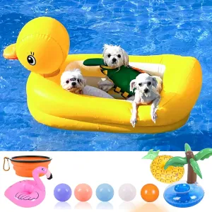 Dog Pool Floats Set, Dog Float Raft with Collapsible Dog Bowl, Non-Toxic Floating Dog Water Toys for Small Dog, Puppy and Doggies, Yellow Duck