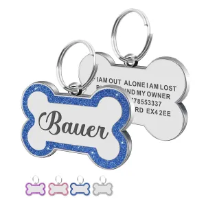 Dog Tags Engraved for Pets Personalized Glitter Dog Tag Dog Collar Dog Name Tag with Any Name & Text Bone Dog ID Tag for Dog Cat Puppy Pet Dogs Furry Friend(Blue S, Bone)