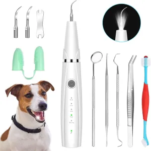 Dog Teeth Cleaning Kit, 5 Modes Plaque and Tartar Remover for Pet Teeth Care, 10 in 1 Cleaner Toothbrush to Remove Stains Calculus (White)