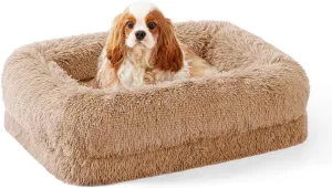 Donut Dog Bed for Medium Size Dog - Calming Sofa with Fluffy Faux Fur, Waterproof Pet Bed with Supportive Egg Foam, Washable Removable Cover and Nonskid Bottom, Camel
