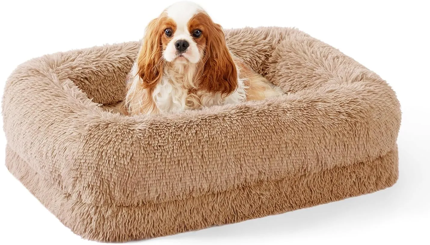 Donut Dog Bed for Medium Size Dog - Calming Sofa with Fluffy Faux Fur, Waterproof Pet Bed with Supportive Egg Foam, Washable Removable Cover and Nonskid Bottom, Camel