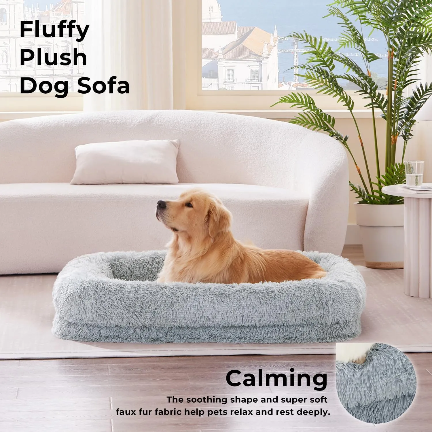 Donut Dog Bed for Medium Size Dog - Calming Sofa with Fluffy Faux Fur, Waterproof Pet Bed with Supportive Egg Foam, Washable Removable Cover and Nonskid Bottom, Camel