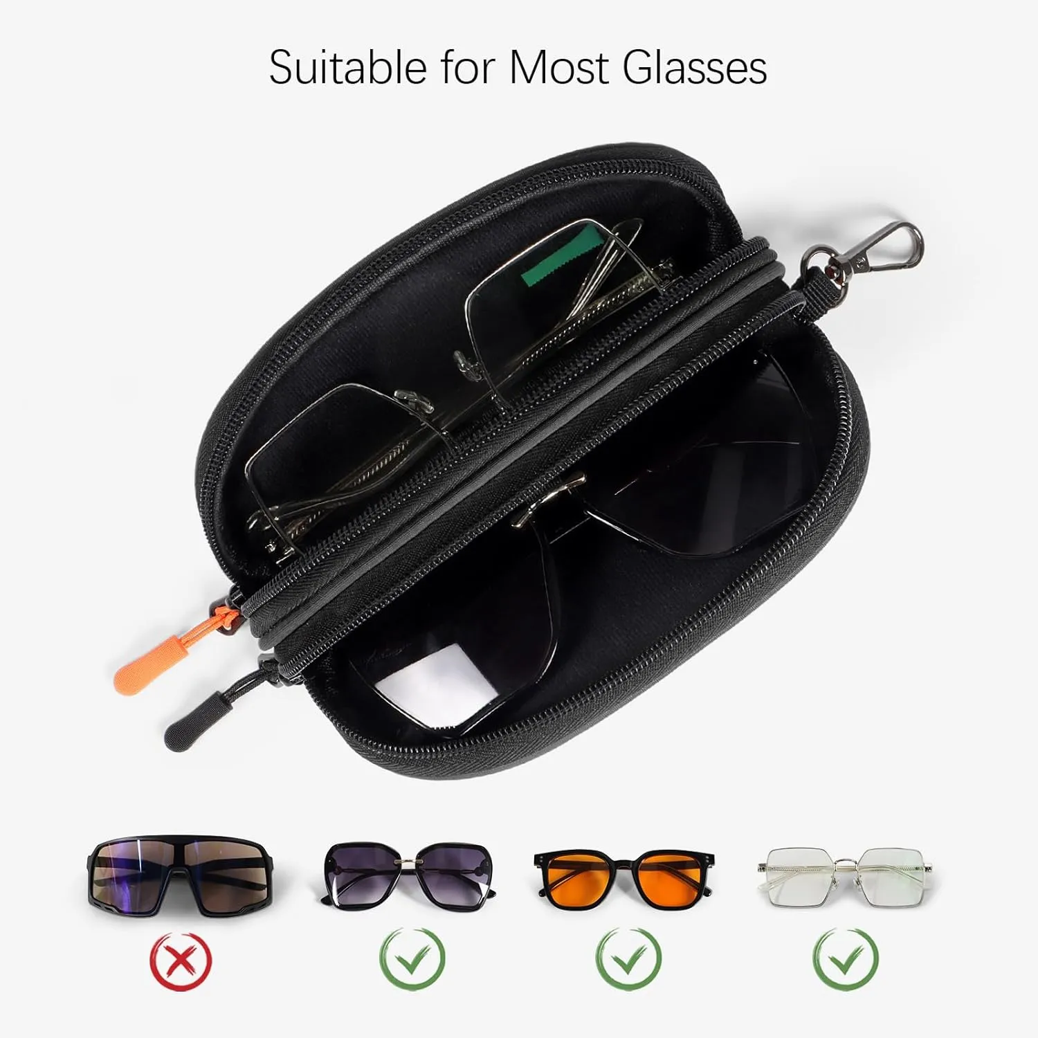 Double Eyeglasses Case Soft Portable Zipper Sunglasses Pouch with Keychain Clip for Men Women