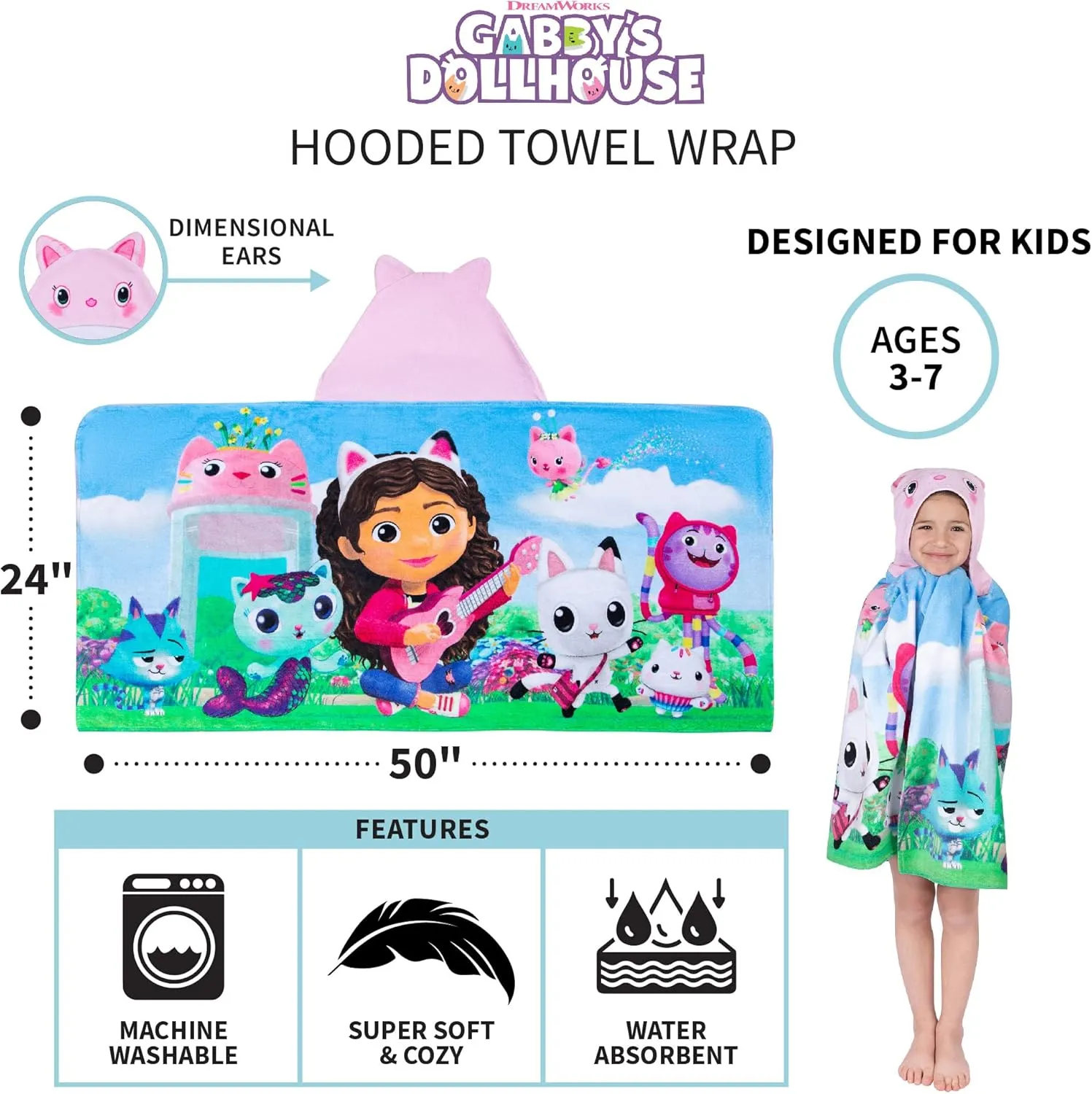 DreamWorks Gabby's Dollhouse Bath/Pool/Beach Soft Cotton Terry Hooded Towel Wrap, 24 in x 50 in, By Franco Kids
