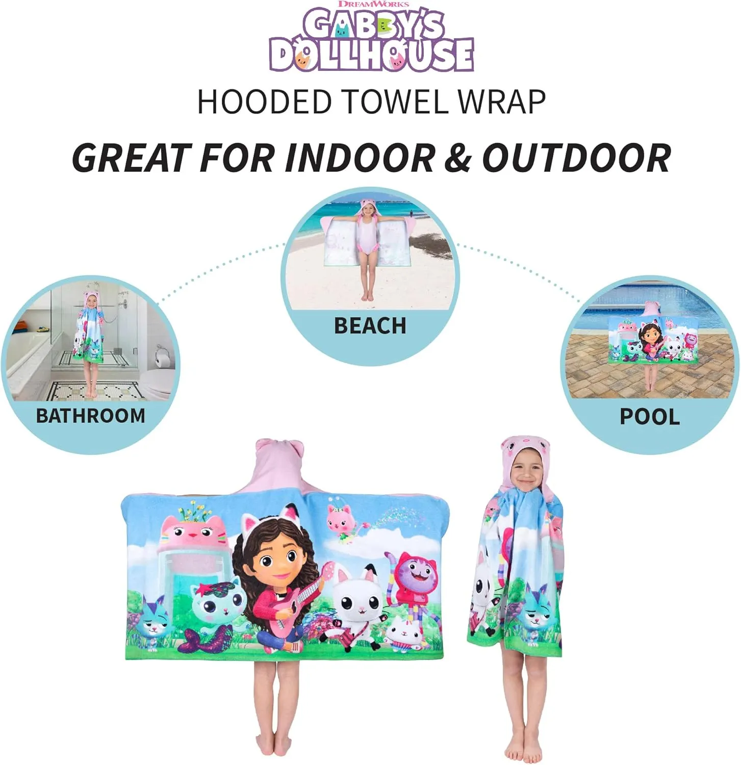 DreamWorks Gabby's Dollhouse Bath/Pool/Beach Soft Cotton Terry Hooded Towel Wrap, 24 in x 50 in, By Franco Kids