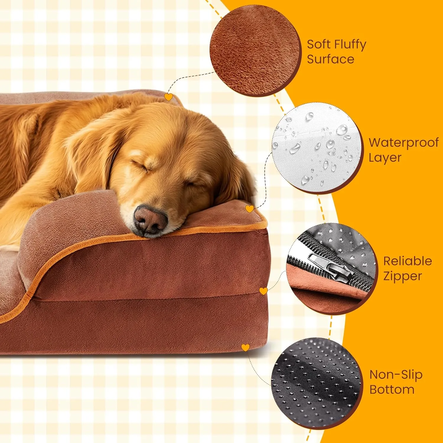 DUMOS Orthopedic Dog Bed, Washable Dog Couch Bed with Removable Cover, Waterproof Pet Bed for Medium Size Dogs, Memory Foam Pet Bed Non-Slip Base, Brown