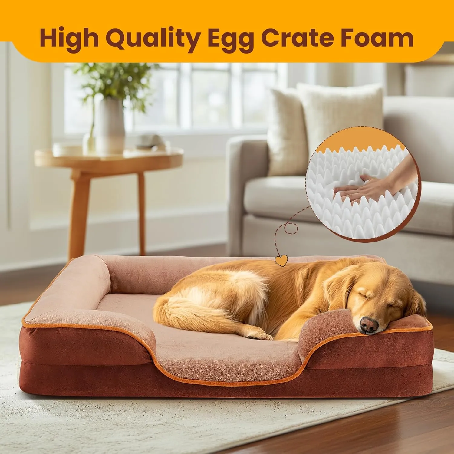 DUMOS Orthopedic Dog Bed, Washable Dog Couch Bed with Removable Cover, Waterproof Pet Bed for Medium Size Dogs, Memory Foam Pet Bed Non-Slip Base, Brown