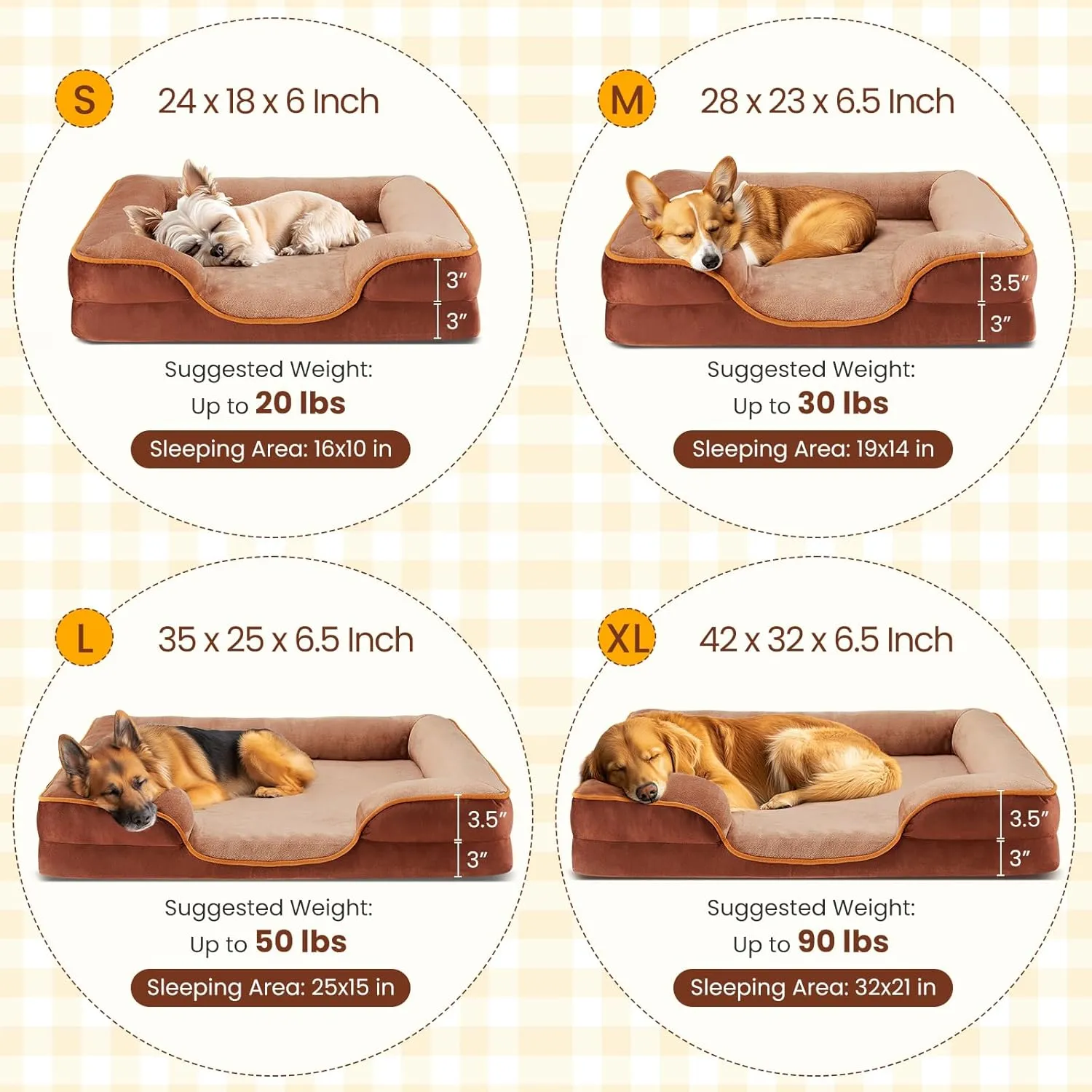 DUMOS Orthopedic Dog Bed, Washable Dog Couch Bed with Removable Cover, Waterproof Pet Bed for Medium Size Dogs, Memory Foam Pet Bed Non-Slip Base, Brown