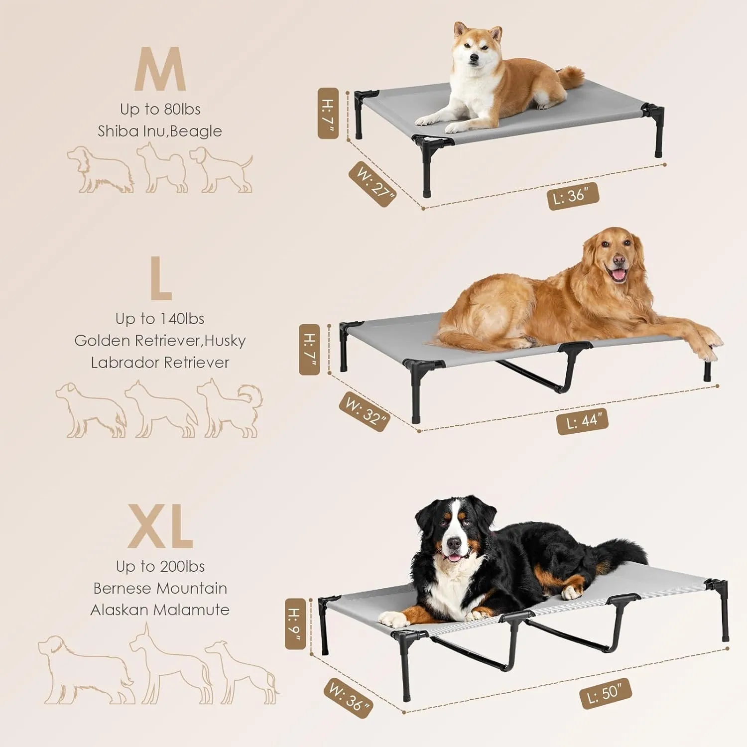 EHEYCIGA 44 Inch Elevated Dog Cot Beds for Large Dogs, Raised Outdoor Dog Bed with Frame, Washable Breathable Cooling Teslin Mesh and Anti-Slip Feet, Lifted Hammock Indoor Pet Bed