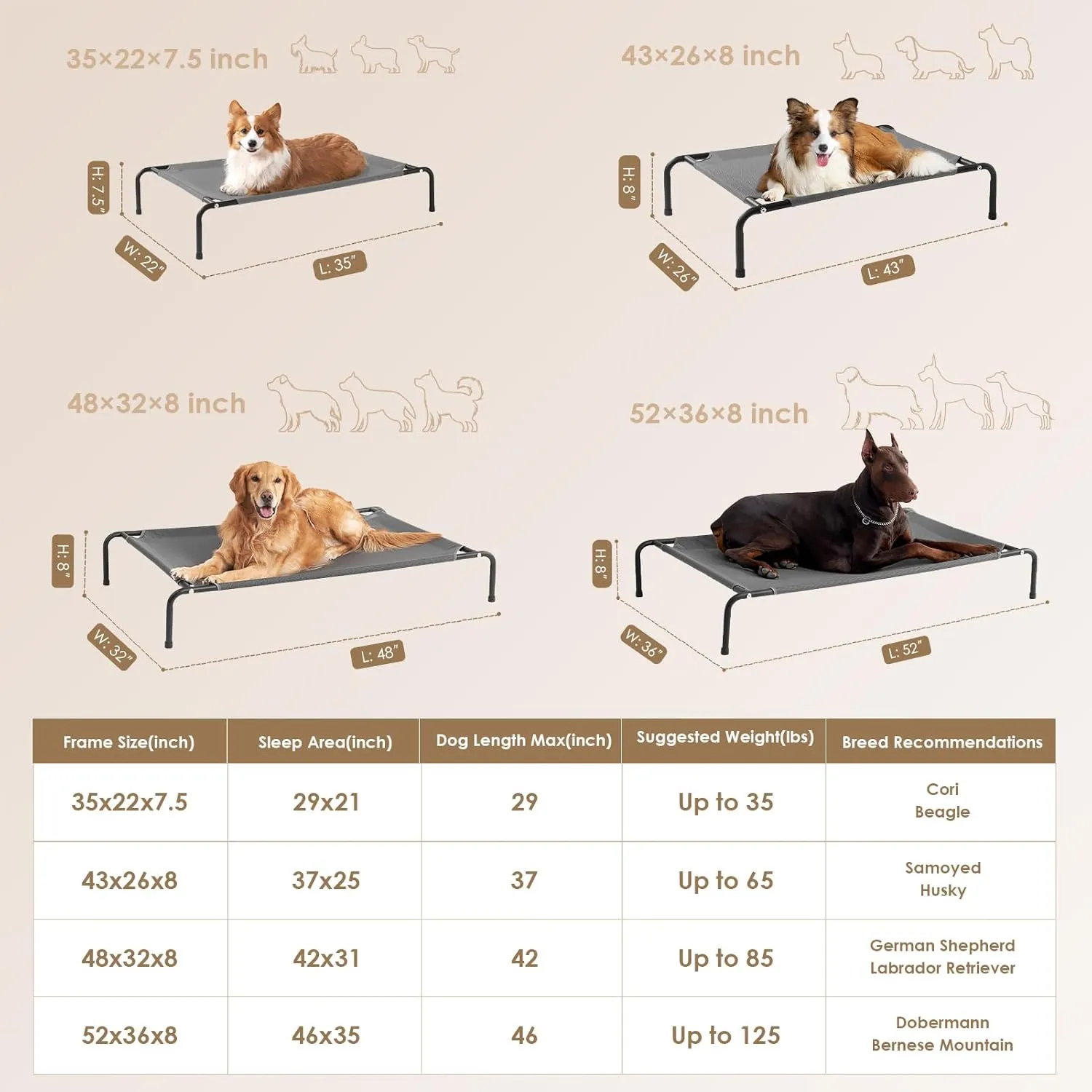 EHEYCIGA Elevated Dog Cot Beds for Large Dogs, Raised Outdoor Dog Hammock, Lifted Pet Platform with Frame and Washable Waterproof Cooling Teslin Mesh and Anti-Slip Feet, 43x26 inch