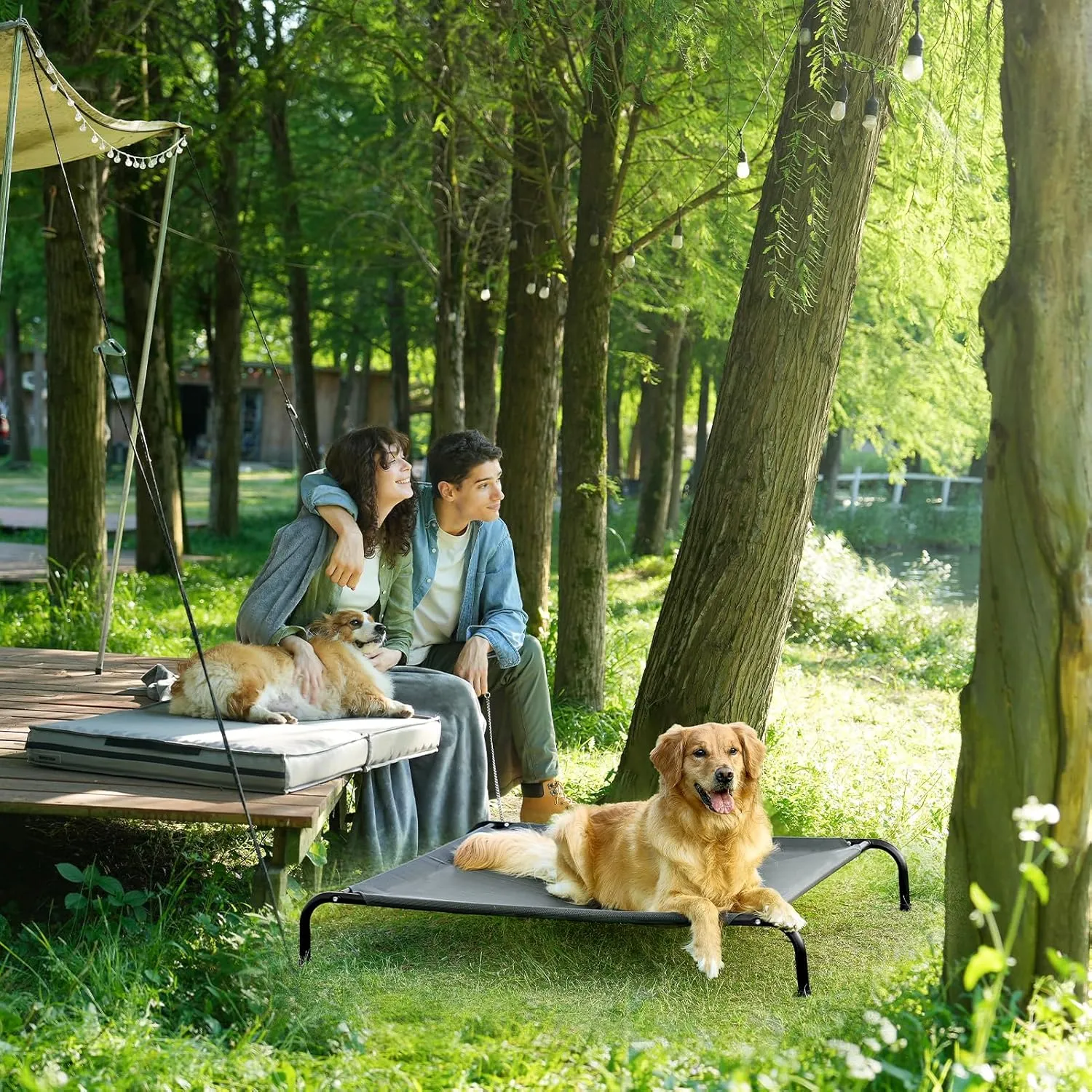 EHEYCIGA Elevated Dog Cot Beds for Large Dogs, Raised Outdoor Dog Hammock, Lifted Pet Platform with Frame and Washable Waterproof Cooling Teslin Mesh and Anti-Slip Feet, 43x26 inch