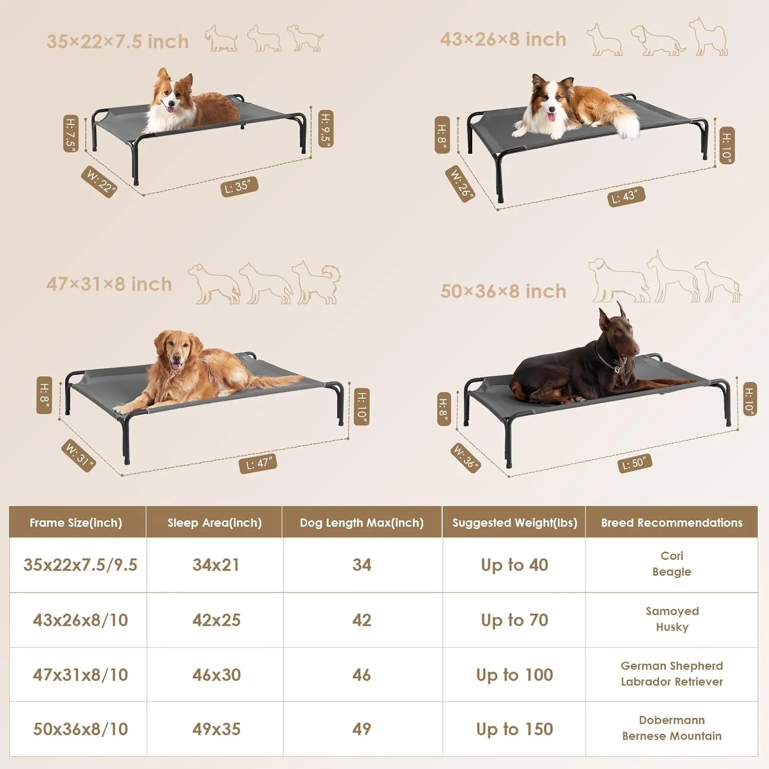 EHEYCIGA Reinforced Elevated XL Dog Cot Bed, Raised Outdoor Dog Hammock for Extra Large XLarge Dogs, Lifted Pet Platform with Frame and Washable Waterproof Teslin Mesh and Anti-Slip Feet, 47x31 inch