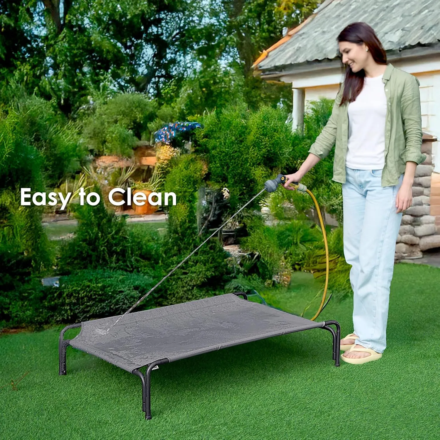 EHEYCIGA Reinforced Elevated XL Dog Cot Bed, Raised Outdoor Dog Hammock for Extra Large XLarge Dogs, Lifted Pet Platform with Frame and Washable Waterproof Teslin Mesh and Anti-Slip Feet, 47x31 inch