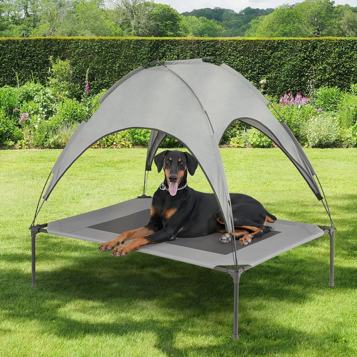Elevated Dog Bed with Canopy for Large & Extra Large Pet Size, 2 in 1 420D Oxford Dog Cot for Indoor & Outdoor, Gray