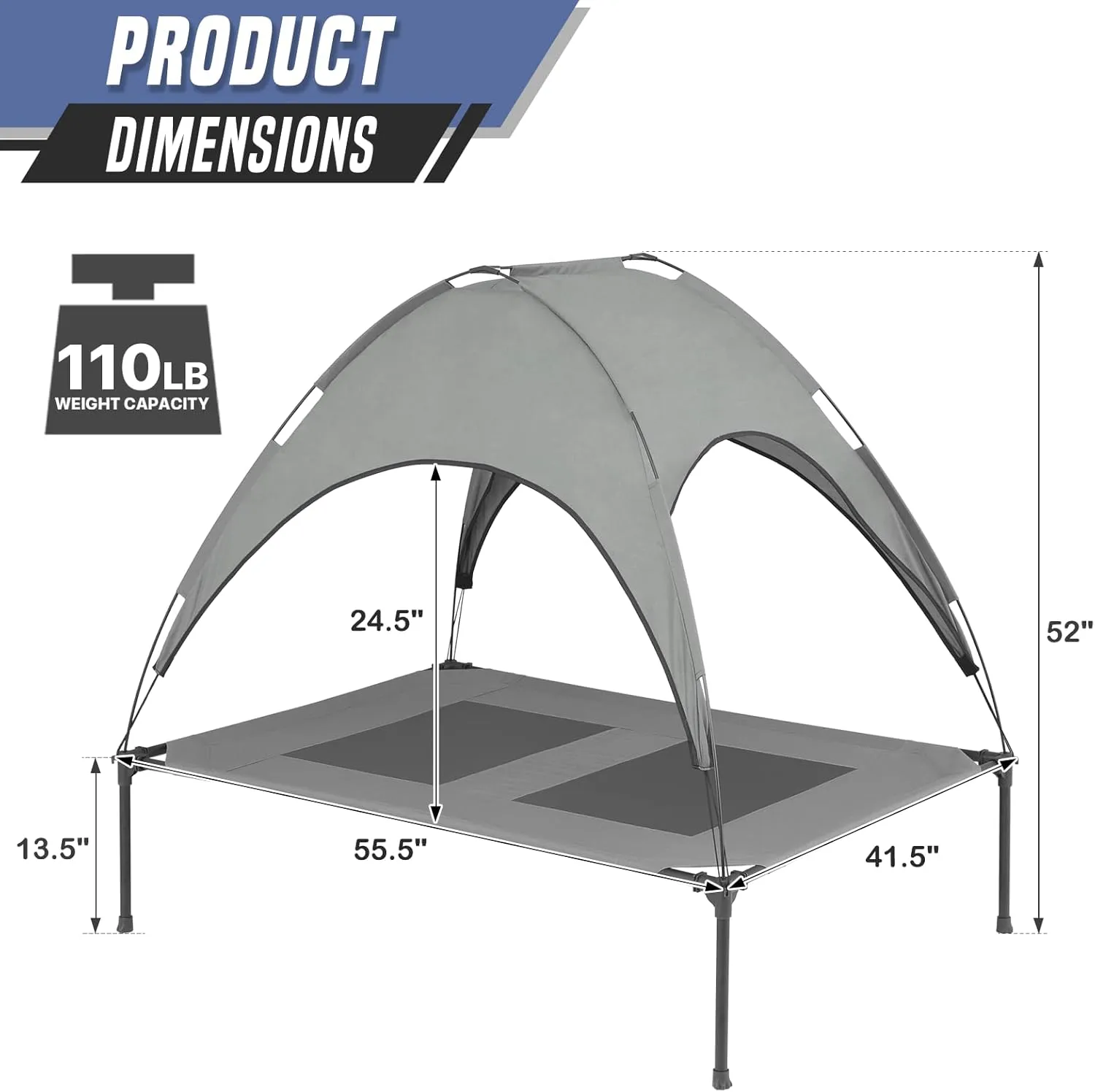 Elevated Dog Bed with Canopy for Large & Extra Large Pet Size, 2 in 1 420D Oxford Dog Cot for Indoor & Outdoor, Gray