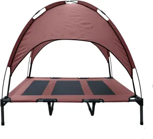 Elevated Dog Bed with Canopy for Large Dogs, Waterproof & Breathable Dog Bed Cot with Removable Shade Tent for Camping, Beach, Backyard, Brown