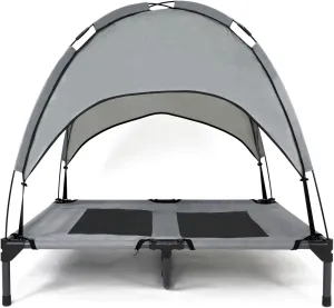 Elevated Dog Bed with Canopy for Medium Dogs, Waterproof & Breathable Dog Bed Cot with Removable Shade Tent for Camping, Beach, Backyard, Grey