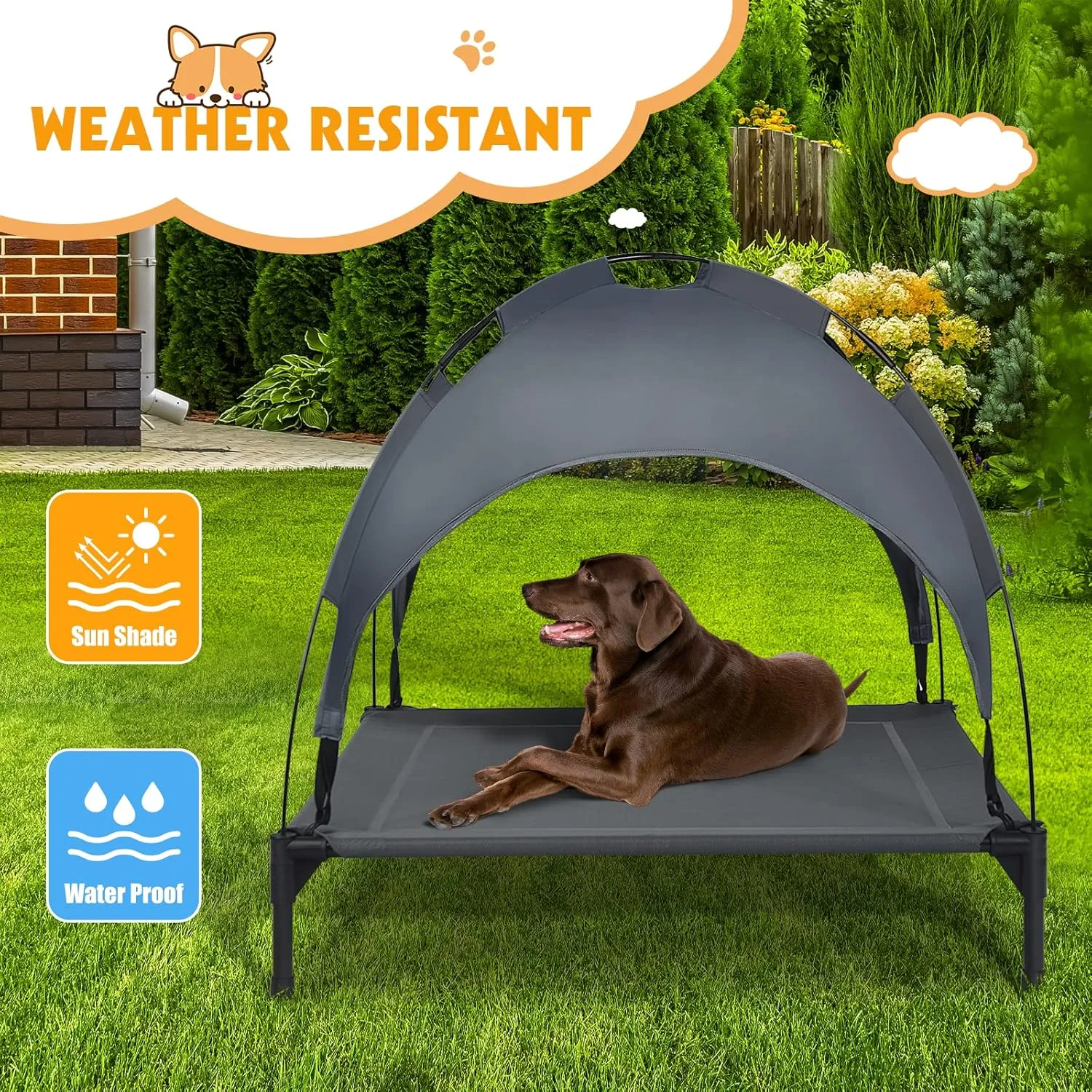 Elevated Dog Bed with Canopy Indoor Outdoor Dog Cot, Cooling Dog Beds for Large Dogs, Travel Pet Hammock Bed with Heavy Duty Steel Frame, Breathable Teslin Mesh, Non-Slip Feet