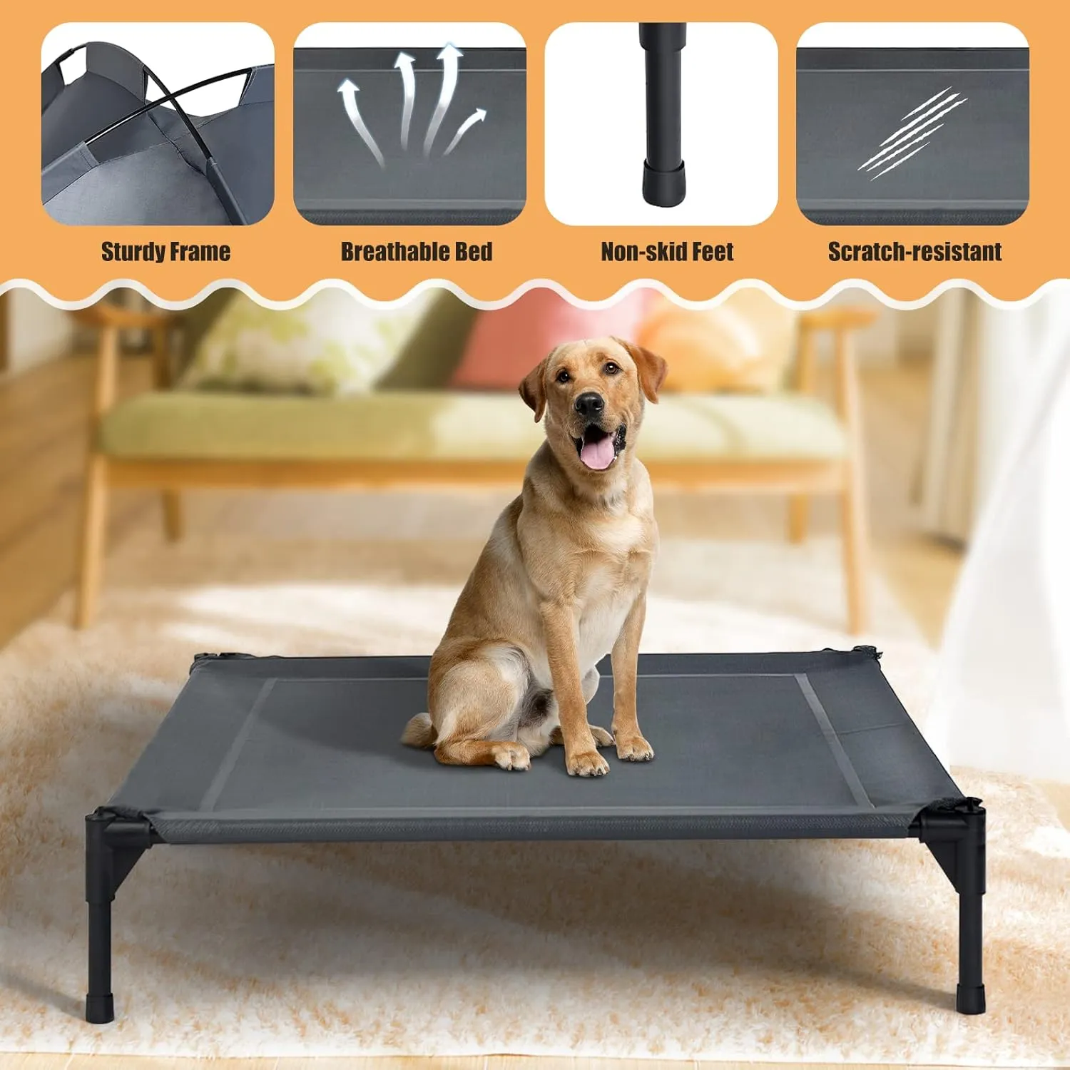 Elevated Dog Bed with Canopy Indoor Outdoor Dog Cot, Cooling Dog Beds for Large Dogs, Travel Pet Hammock Bed with Heavy Duty Steel Frame, Breathable Teslin Mesh, Non-Slip Feet