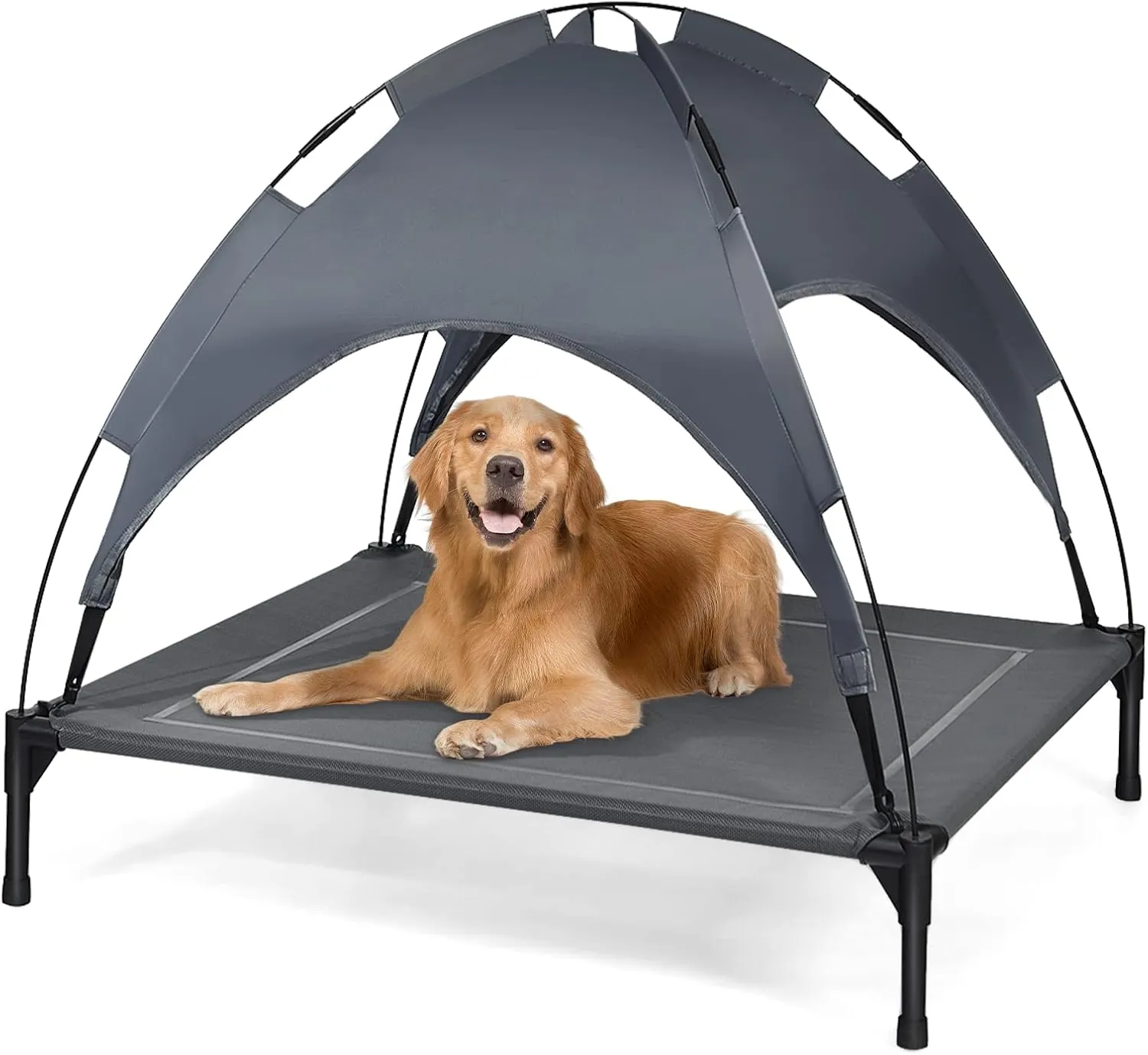 Elevated Dog Bed with Canopy Indoor Outdoor Dog Cot, Cooling Dog Beds for Large Dogs, Travel Pet Hammock Bed with Heavy Duty Steel Frame, Breathable Teslin Mesh, Non-Slip Feet
