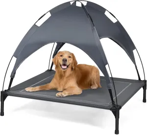 Elevated Dog Bed with Canopy Indoor Outdoor Dog Cot, Cooling Dog Beds for Large Dogs, Travel Pet Hammock Bed with Heavy Duty Steel Frame, Breathable Teslin Mesh, Non-Slip Feet