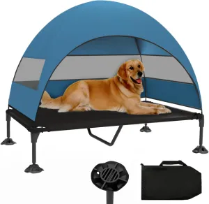 Elevated Dog Bed with Canopy, Raised Outdoor Dog Cot with Stable Anti-Slip Feet, Pet Bed with Removable Canopy Shade Tent, Dog Bed for Indoor Outdoor (Blue, 50.0" L x 32.0" W x 42.5" Th)