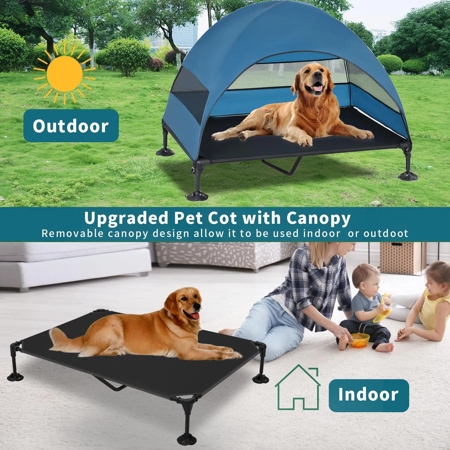 Elevated Dog Bed with Canopy, Raised Outdoor Dog Cot with Stable Anti-Slip Feet, Pet Bed with Removable Canopy Shade Tent, Dog Bed for Indoor Outdoor (Blue, 50.0" L x 32.0" W x 42.5" Th)