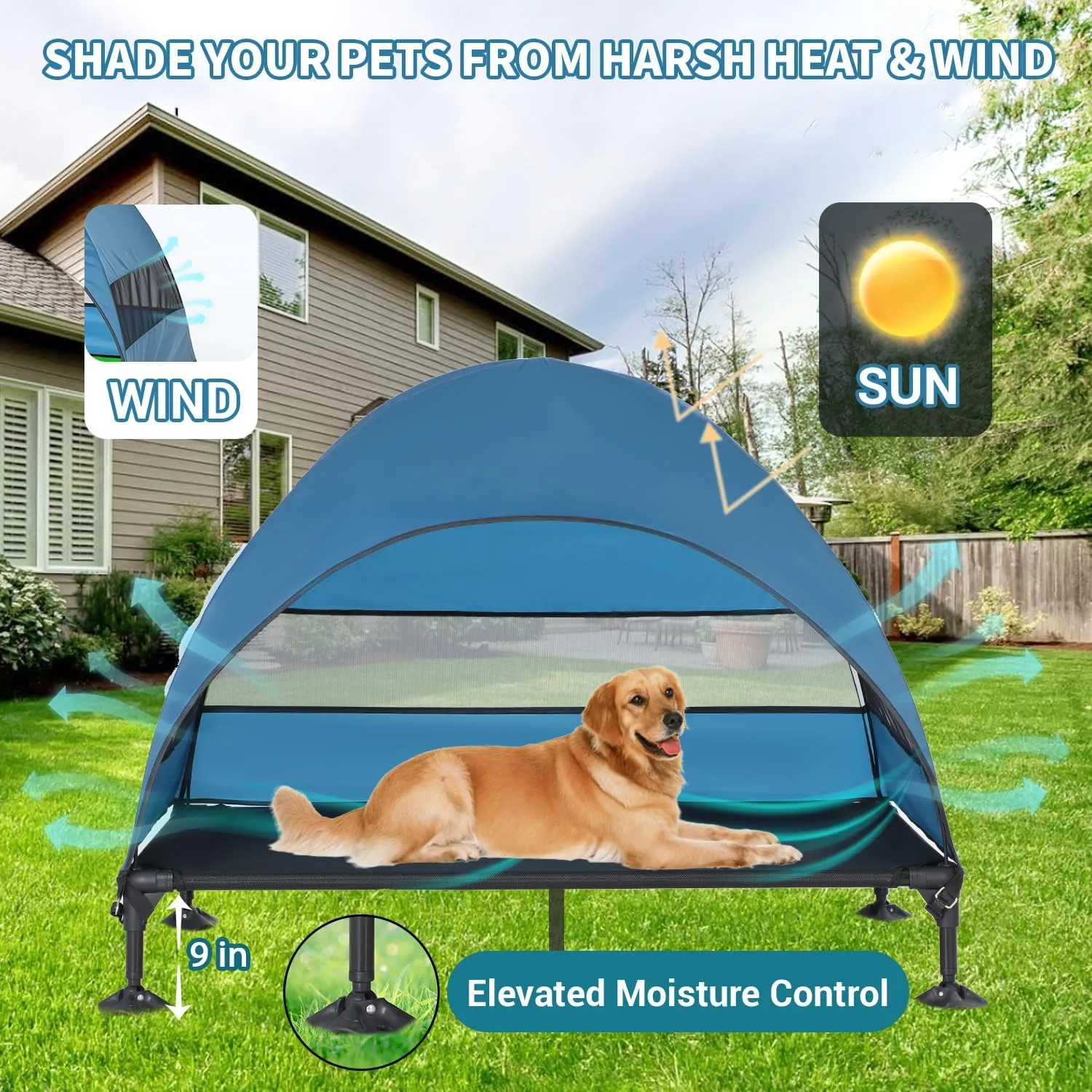 Elevated Dog Bed with Canopy, Raised Outdoor Dog Cot with Stable Anti-Slip Feet, Pet Bed with Removable Canopy Shade Tent, Dog Bed for Indoor Outdoor (Blue, 50.0" L x 32.0" W x 42.5" Th)