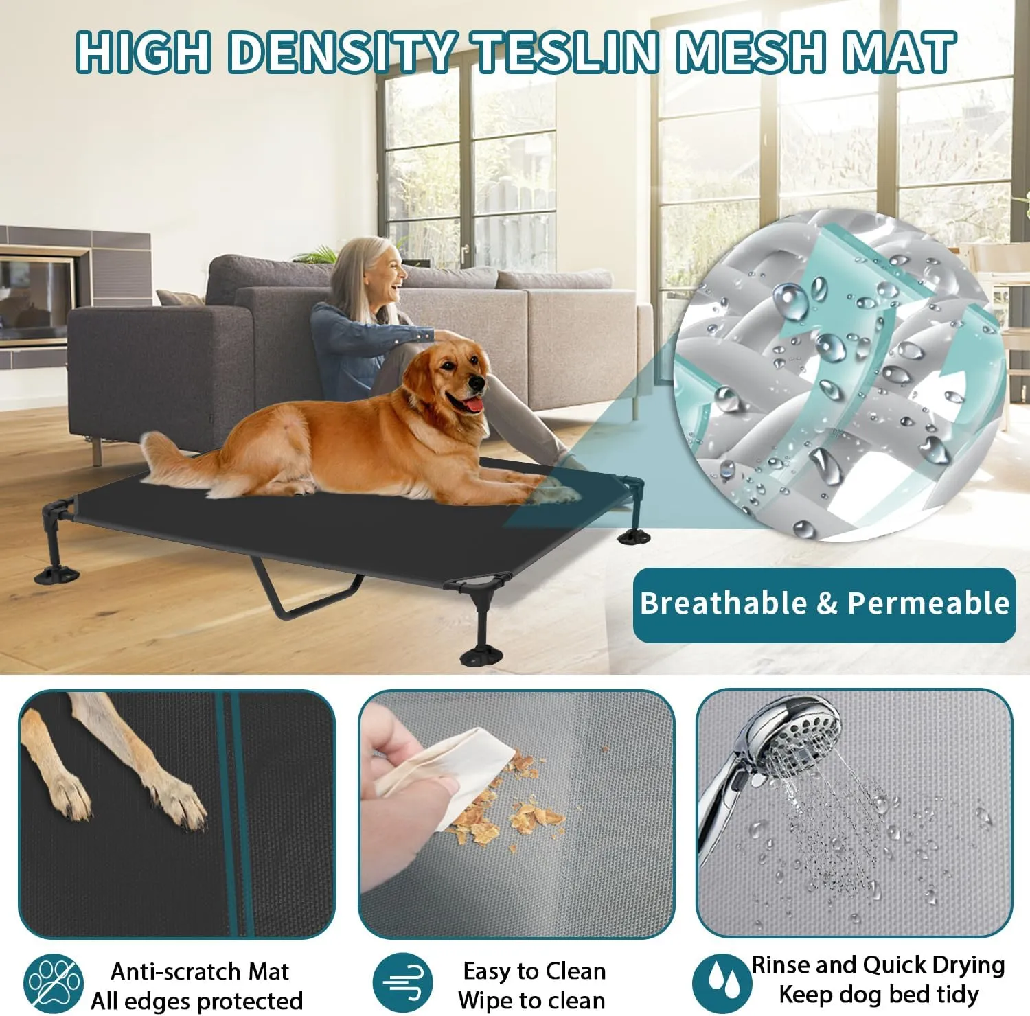 Elevated Dog Bed with Canopy, Raised Outdoor Dog Cot with Stable Anti-Slip Feet, Pet Bed with Removable Canopy Shade Tent, Dog Bed for Indoor Outdoor (Blue, 50.0" L x 32.0" W x 42.5" Th)
